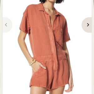 Young Fabulous & broke short Linen blend romper with distressed frayed hem